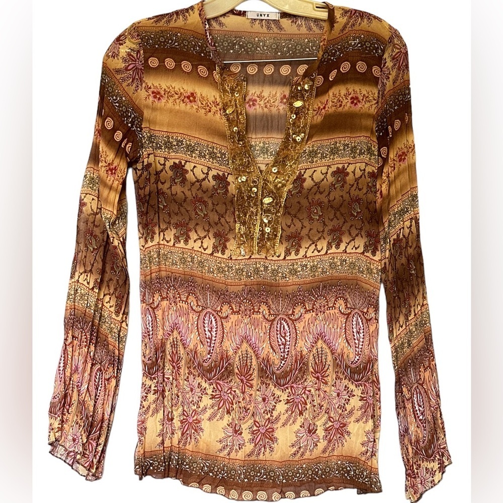 Vintage Unyx women’s sheer fitted blouse brown with design medium